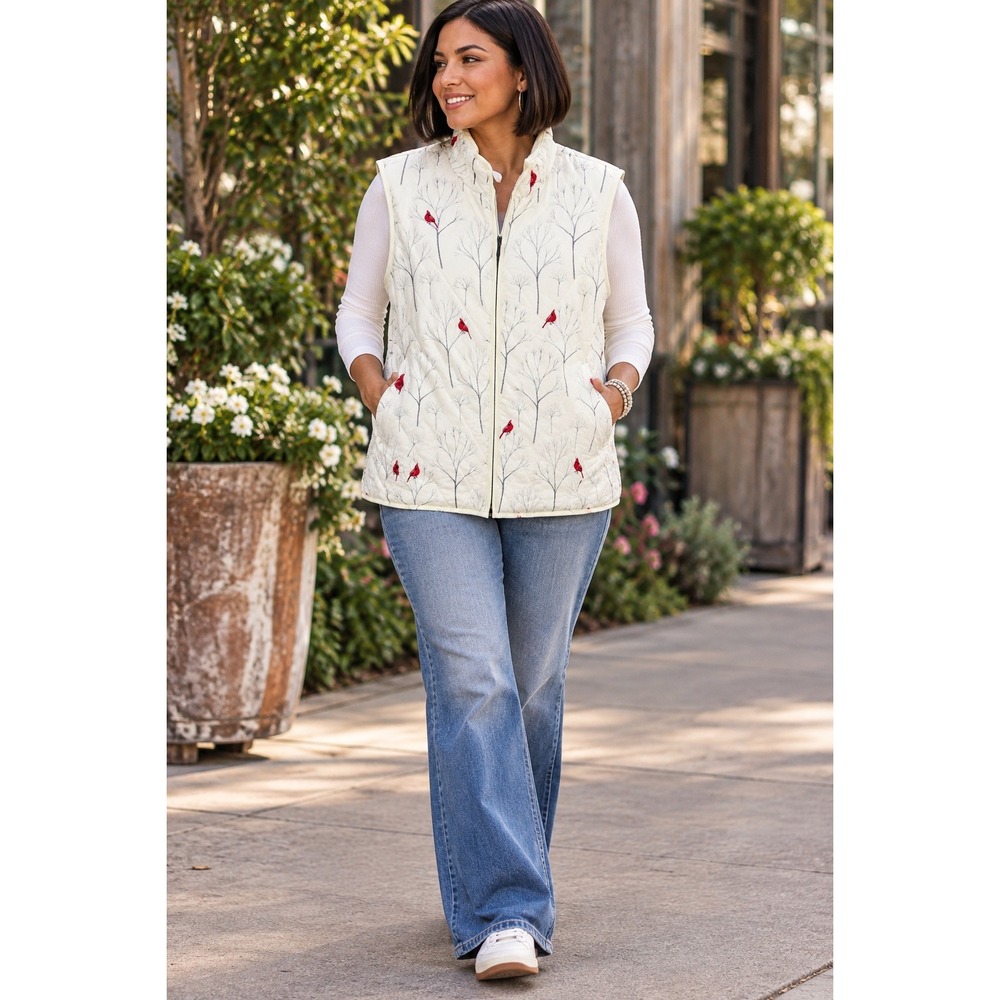 Coldwater Creek Womans Large Vest Ivory Nature Red Cardinal Bird Full Zip
